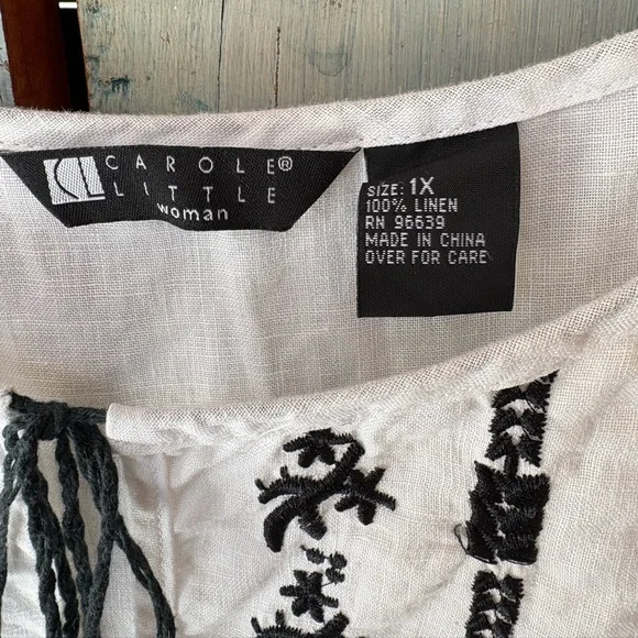 Boho White Linen Peasant Top with Black Intricate Embroidery - Picture 9 of 16